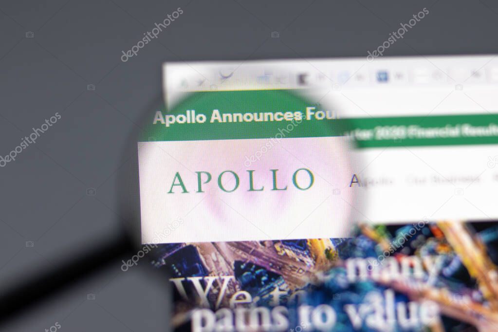 New York, USA - 15 February 2021: Apollo Global Management website in browser with company logo, Illustrative Editorial