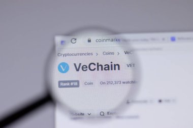 New York, ABD - 18 Mart 2021: VeChain kripto para birimi logosu web sitesinde, Illustrative Editorial
