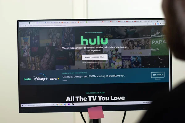 New York, ABD - 26 Nisan 2021: Ekranda Hulu web sitesi, servisi kullanan adam, İllüstrasyon Editörü