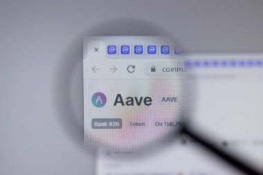 New York, ABD - 1 Mayıs 2021: AAVE kripto para birimi logosu web sitesi sayfasında yakın plan, Illustrative Editorial