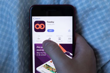 New York, ABD - 1 Haziran 2021: Foodsy mobil uygulama logosu telefon ekranında, yakın plan ikonu, Illustrative Editorial