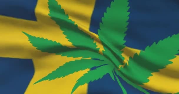 Bandeira Nacional Sueca Com Folha Cannabis Estado Legal Maconha Medicinal — Vídeo de Stock