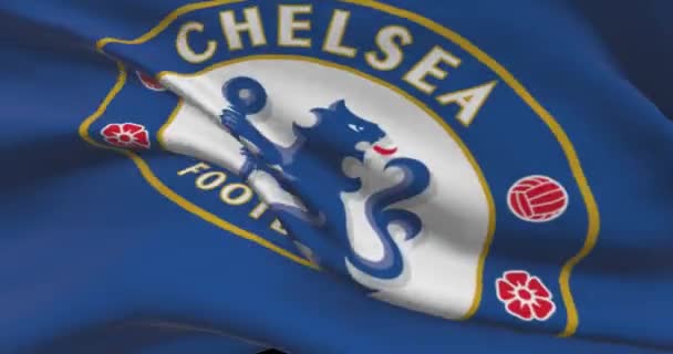 Chelsea Zwaaiende Vlag Chelsea Voetbalclub Achtergrond Logo Voetbalteam — Stockvideo