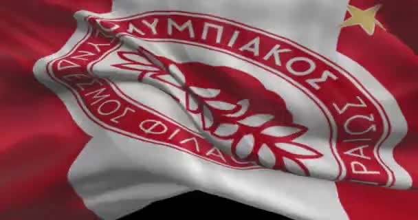 Olympiakos Zwaaiende Vlag Olympiakos Voetbalclub Achtergrond Logo Voetbalteam — Stockvideo