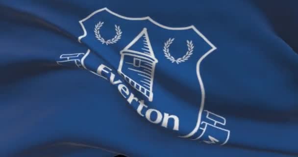 Everton Κυματίζει Σημαία Έβερτον Ποδοσφαιρική Ομάδα Φόντο Λογότυπο Ομάδας Ποδοσφαίρου — Αρχείο Βίντεο
