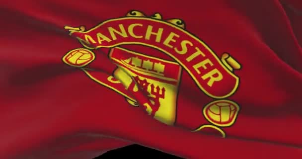 Manchester United Viftar Med Flaggan Fotbollsklubbens Bakgrund Fotbollslag Logotyp — Stockvideo