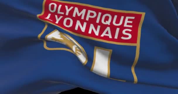 Olympique Lyonnais Macha Flagą Klub Piłkarski Lyonie Logo Drużyny Piłkarskiej — Wideo stockowe