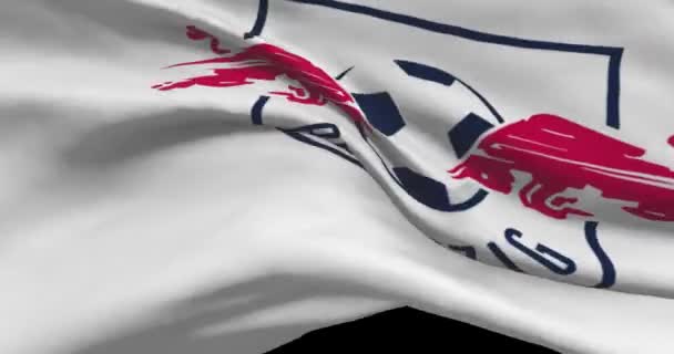 Λειψία Κυματίζει Σημαία Λειψία Ποδοσφαιρική Ομάδα Υπόβαθρο Λογότυπο Ομάδας Ποδοσφαίρου — Αρχείο Βίντεο