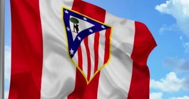 New York, ABD - 28 Eylül 2021: Atletico Madrid FC futbol takımı bayrak sallıyor, futbol kulübü logosu, Illustrative Editorial