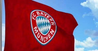 New York, ABD - 28 Eylül 2021: Bayern Münih futbol takımı bayrak sallıyor, futbol kulübü logosu, Illustrative Editorial