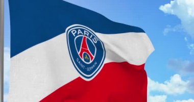 New York, ABD - 28 Eylül 2021: Paris Saint-Germain PSG FC futbol takımı bayrak sallıyor, futbol kulübü logosu, Illustrative Editorial