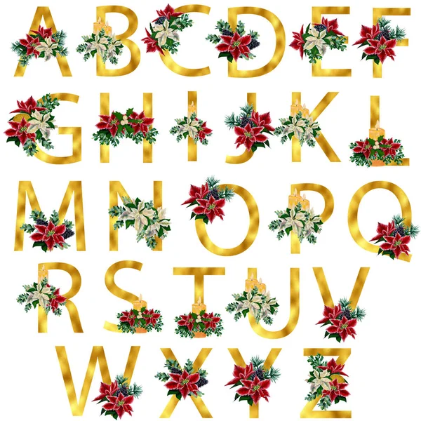 Gold Watercolor Poinsettia Alphabet Perfect Use Web Print — Stock Photo, Image