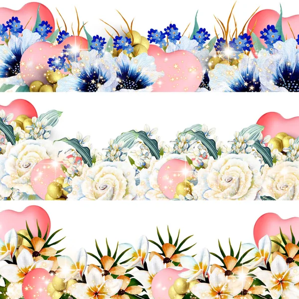 Set Watercolor Floral Borders Hearts Valentine Day Design Perfect Use — Stock Photo, Image