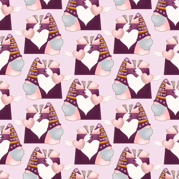 Cute Valentine Day Gnome Seamless Pattern Perfect Use Web Print — стоковое фото