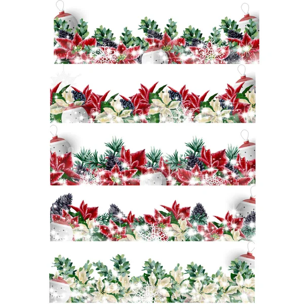 Akvarel Vánoční Květinové Okraje Ideální Pro Použití Webu Nebo Tisku — Stock fotografie