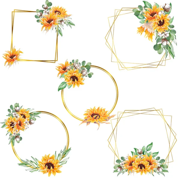 Cornici Girasole Oro Caduta Clipart Acquerello Set — Foto Stock