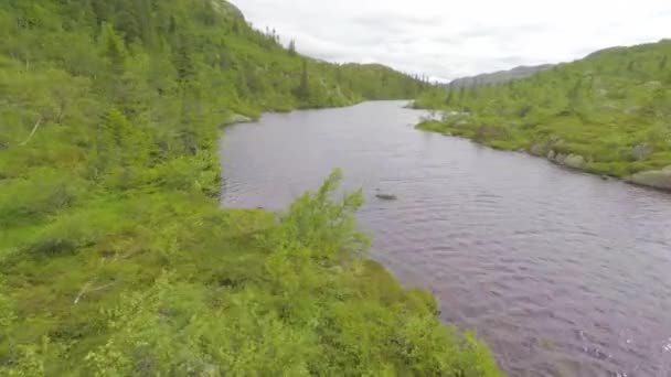 Vliegen over zoetwatermeer in de berg — Stockvideo