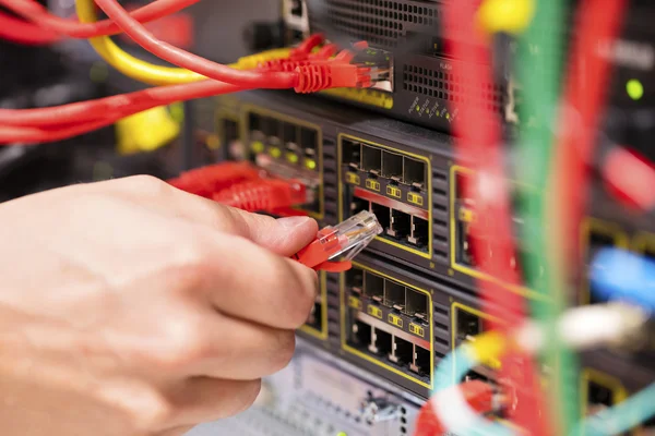 Je konzultant připojí síťový kabel do switch v datacenter — Stock fotografie