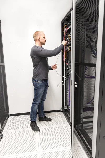 To konsultant instaluje sieci stojak w datacenter — Zdjęcie stockowe