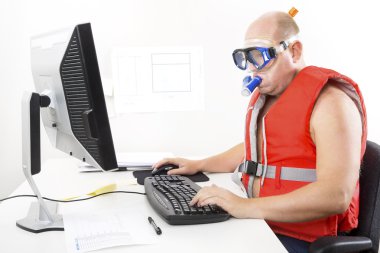 Funny businessman in diving mask and snorkel clipart