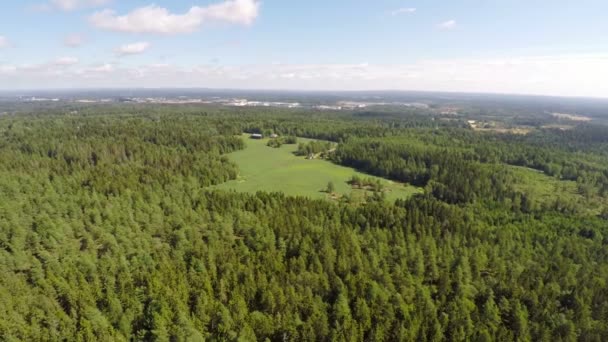 Volando alto sobre grandes bosques y granjas — Vídeo de stock