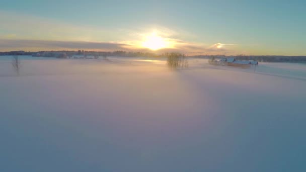 Volare sopra campi nebbiosi con neve al tramonto — Video Stock