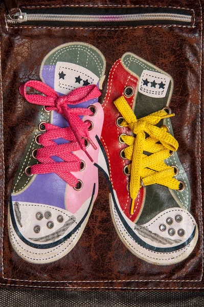 Gekleurde Sneakers Geborduurd Een Leren Tas — Stockfoto