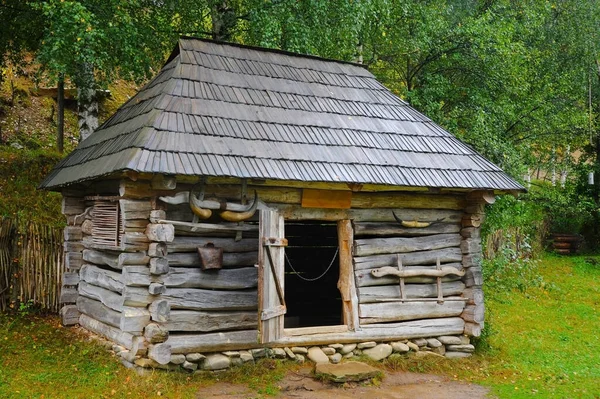 Stary Drewniany Zabytkowy Dom Stoi Zielonej Łące Jest Zrobiony Całych — Zdjęcie stockowe