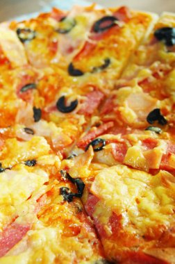 Pizza chopped in pieces with cheese, sausage salami and olives. Vertical