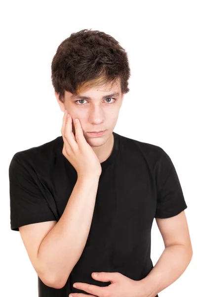 Ein Teenager Mit Traurigem Gesicht Auf Weißem Hintergrund Schwarzem Shirt — Stockfoto