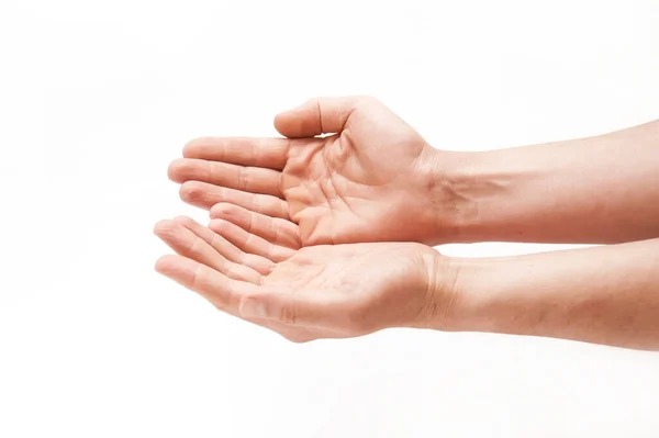 Duas Mãos Como Algo Segurando Dando Para Fora Fundo Branco — Fotografia de Stock