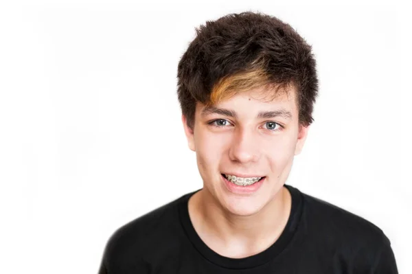 Teenager Dark Painted Hair White Background Smiles Two His Jaws — Stock Photo, Image