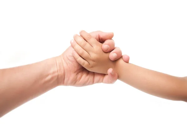 Begreppet Hjälp Vit Bakgrund Faderns Hand Håller Hans Son Handen — Stockfoto