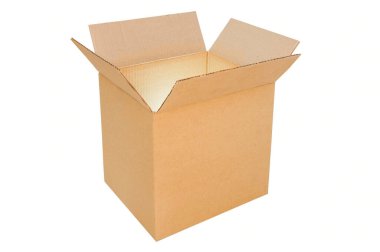 Beyaz arka planda karton kutu, izole edilmiş, ulaşım ve ambalaj için. Boşluğu kopyala