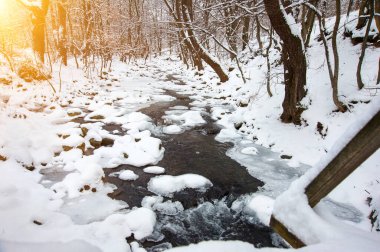 Dağlık küçük bir nehir soğuk bir günde karla kaplı güzel kış ormanları arasında akar. Güzel kış manzarası