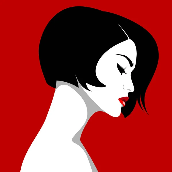 Красивая Юная Грустная Задумчивая Женщина Короткими Черными Волосами Красными Губами — стоковый вектор