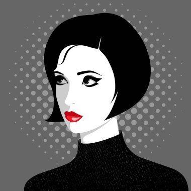 Vector portrait of beautiful young thinking woman with red lips looking up wearing black elegant pullover, doubtful or stubborn expression clipart