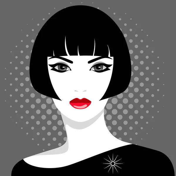 Простий Векторний Портрет Красивої Елегантної Суворої Жінки Коротким Чорним Волоссям — стоковий вектор