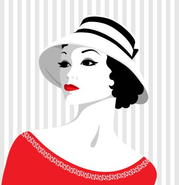 Kırmızı dudaklı, klasik kırmızı elbiseli ve çizgili arka planda küçük çizgili şapkalı zarif bir kadının temsilcisi.