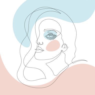 Uzun dalgalı saçlı, güzel, genç ve şehvetli bir kadın, basit bir vektör portresi, sürekli bir çizim sanatı.