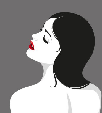 Uzun siyah saçları, dolgun kırmızı dudakları, basit bir vektör portresi ve dikiz görüntüsü olan güzel, genç, hayal kuran çıplak bir kadın.