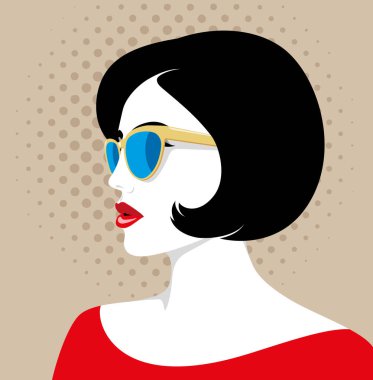 Güzel, kırmızı dudaklı, kısa siyah saçlı, şık altın güneş gözlüğü takan genç bir kadının basit portresi.