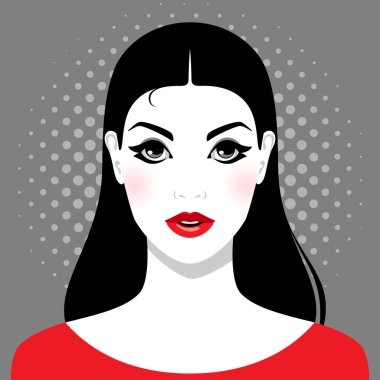 Uzun siyah saçlı, kırmızı elbiseli, güzel, dost canlısı genç bir kadın. Basit bir vektör çizimi.