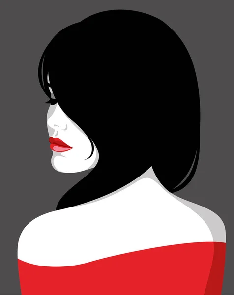 图上是美丽的性感年轻女子 红唇丰满 黑头发长发 肩头朝下望着深色的背景 — 图库矢量图片