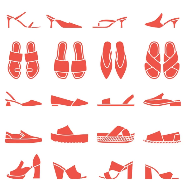 Conjunto Diferentes Tipos Zapatos Mujer Iconos Vectores Aislados Estilo Plano — Archivo Imágenes Vectoriales
