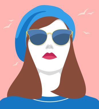 Altın güneş gözlüğü ve bereyle gökyüzüne bakan zarif genç bir kadının vektör portresi. Uçan kuşlarla pembe gökyüzü, zarif Fransız stili, basit vektör çizimi.