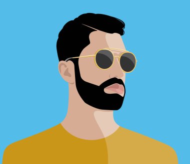 Yüzünde altın güneş gözlüğü ve sarı gömlek olan yakışıklı, sakallı hippi bir adamın portresi mavi gökyüzü arka planına karşı, renkli vektör çizimi.