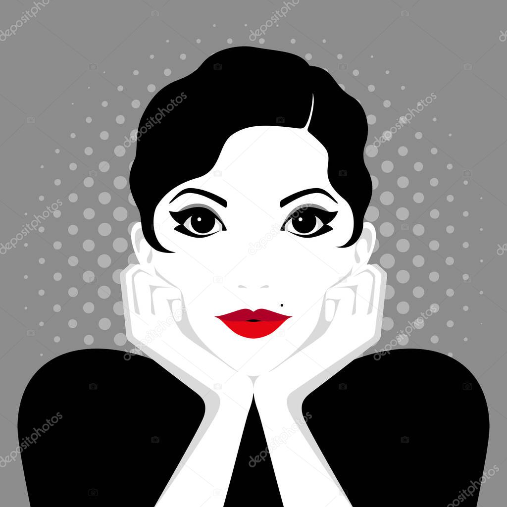 Beautiful thoughtful young woman with short black hair, red lips and beauty spot on her face holding head in hands looking ahead, vector portrait