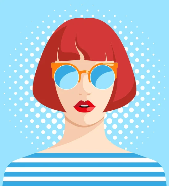 浅色的矢量画像 漂亮的红头发女子戴着时髦的橙色太阳镜 背景斑斑的条纹T恤 — 图库矢量图片