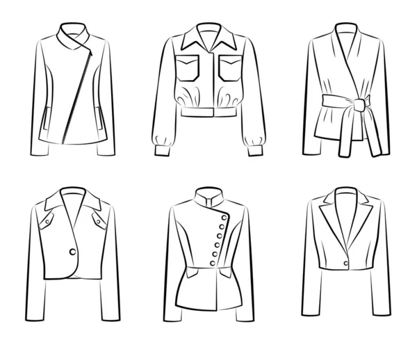 Gros Ensemble Vectoriel Vestes Blazers Femme Mode Noir Blanc Isolé — Image vectorielle